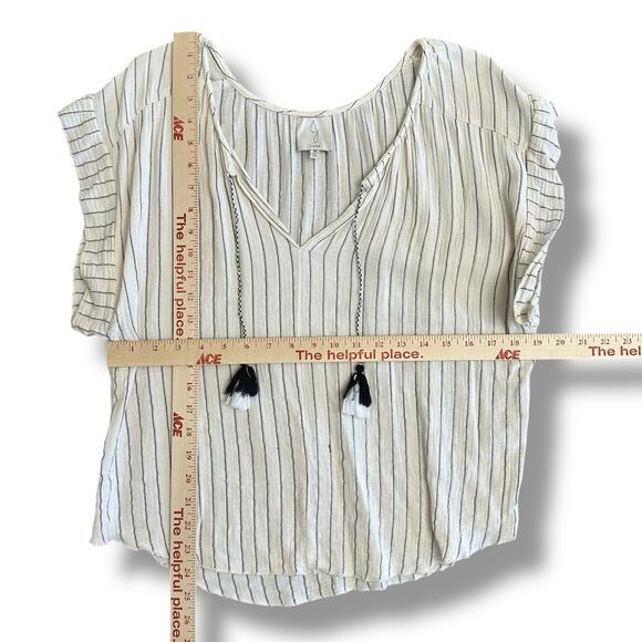 Joie Striped Tassel Tie Top Womens M Ivory Black V-Neck Short Sleeve Blouse - Picture 3 of 7